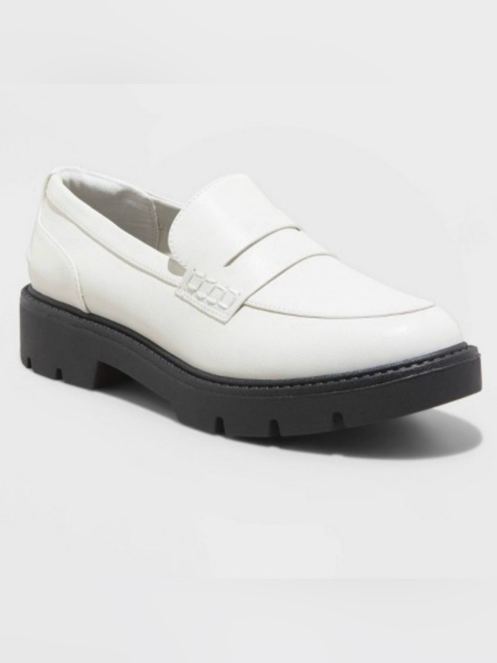a new day White Leather Penny Loafers with Black Lug Sole